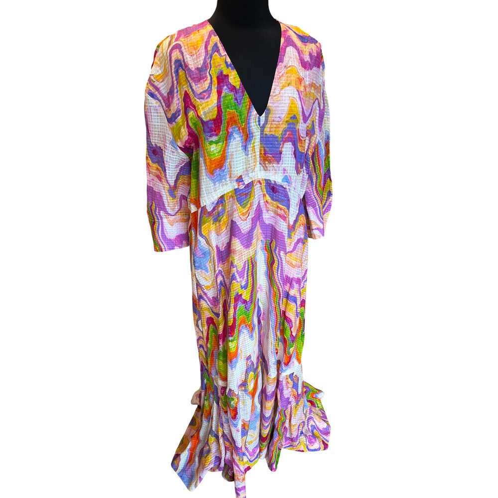 Marie Oliver Womens M Psychedelic Marble Print V-Neck Maxi Dress Tiered Boho